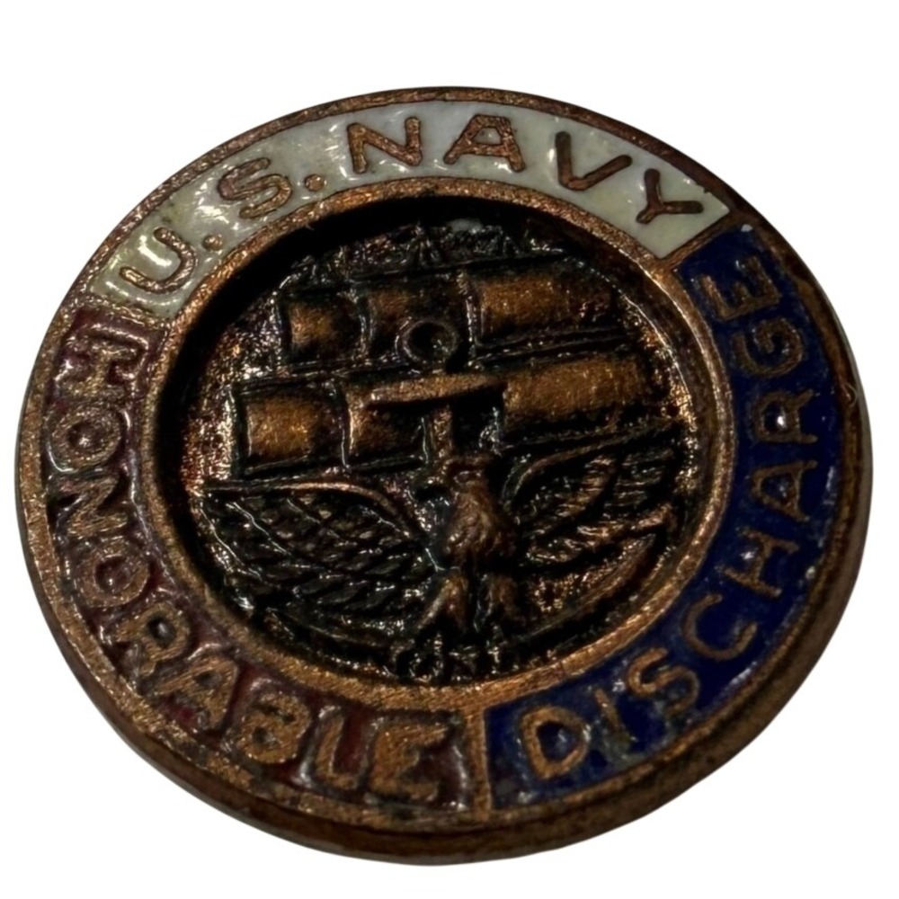 Vintage US Navy Honorable Discharge Lapel Pin Bronze Tone Enamel Military Medal